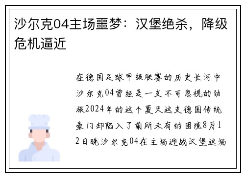 沙尔克04主场噩梦：汉堡绝杀，降级危机逼近